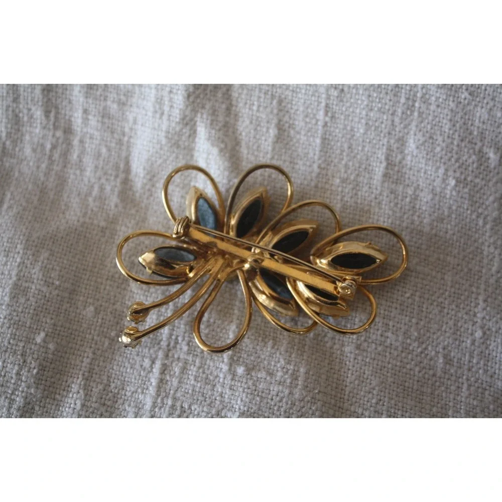 Vintage Gold Tone~ Brooch w/ Blue Navettes Marquise Rhinestone Pin  Mid Century
